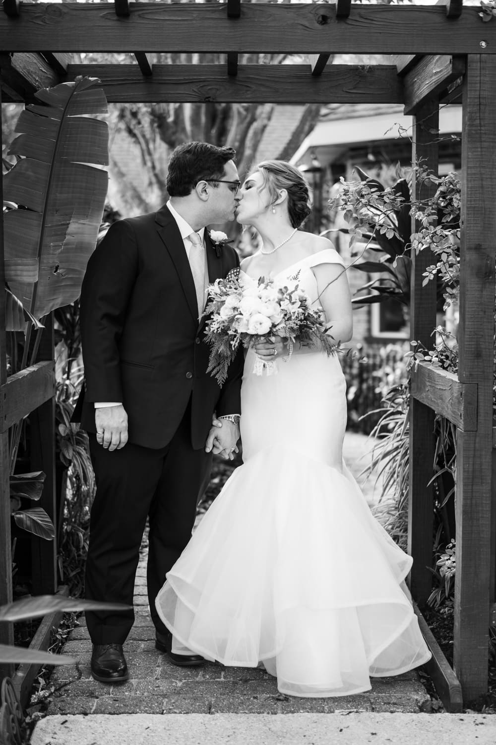 Bride and groom in backyard wedding