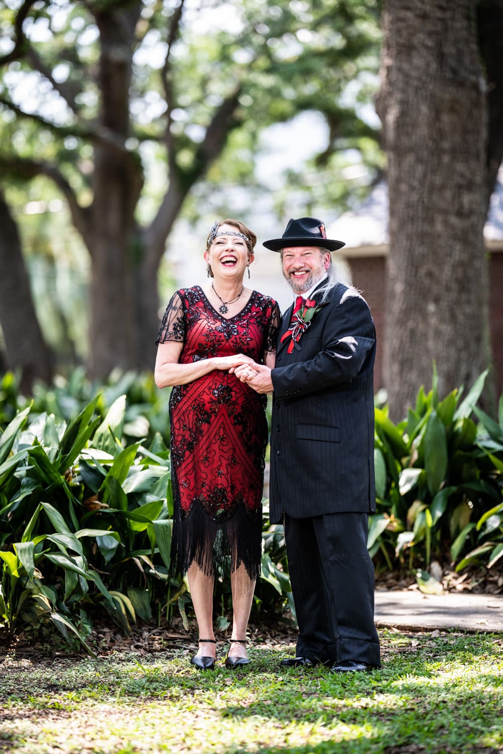 Portrait of eloping couple in park