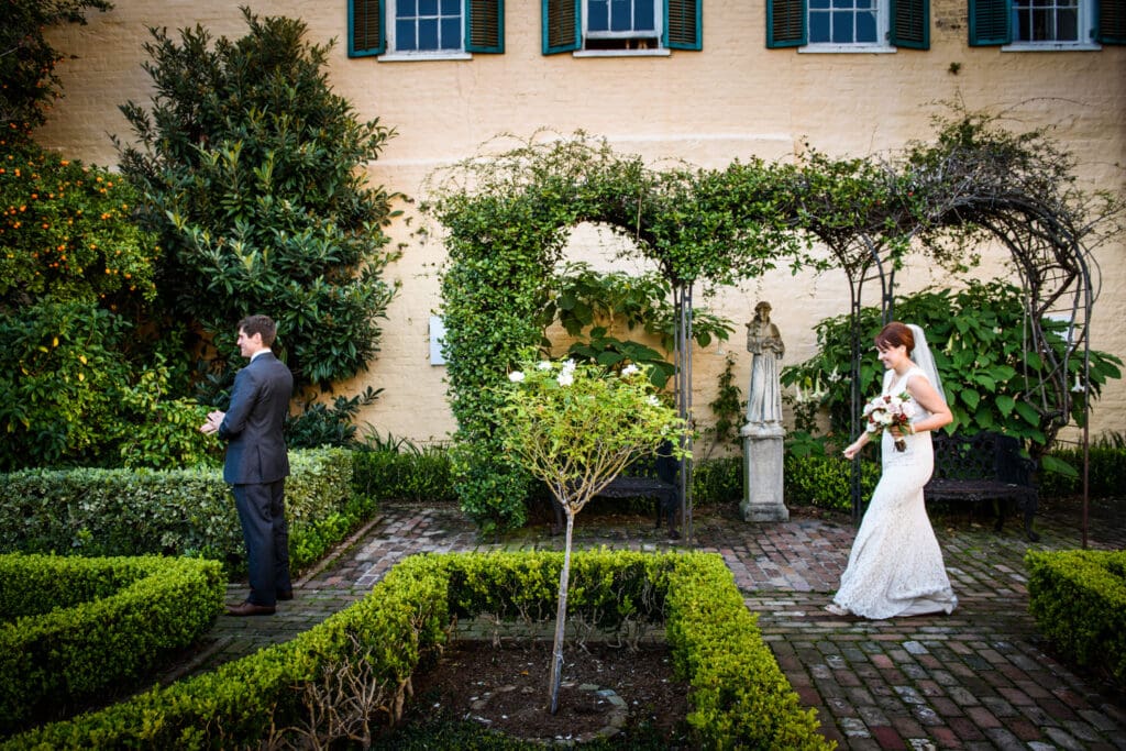 Bride and groom first look at Beauregard-Keyes House