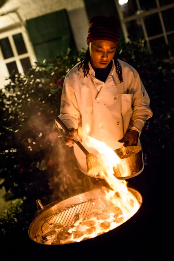 Grilling oysters at Beauregard-Keyes House wedding