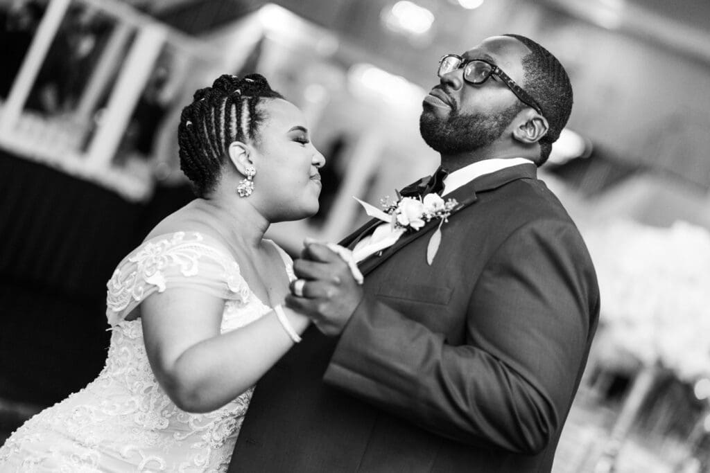 Close-up of bride and groom dancing at Champagne Palace