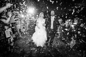 Confetti canon send-off at Compass Point wedding