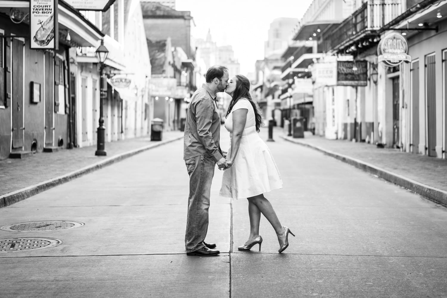 Engagement portrait on an empty Bourbon Street