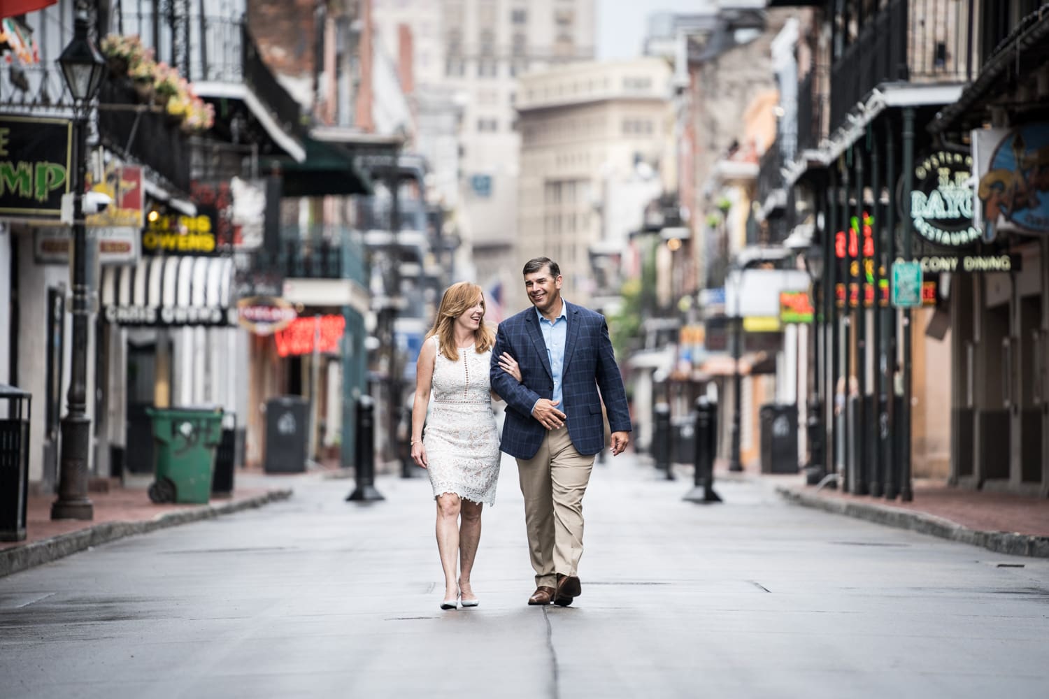 Engagement portrait on an empty Bourbon Street