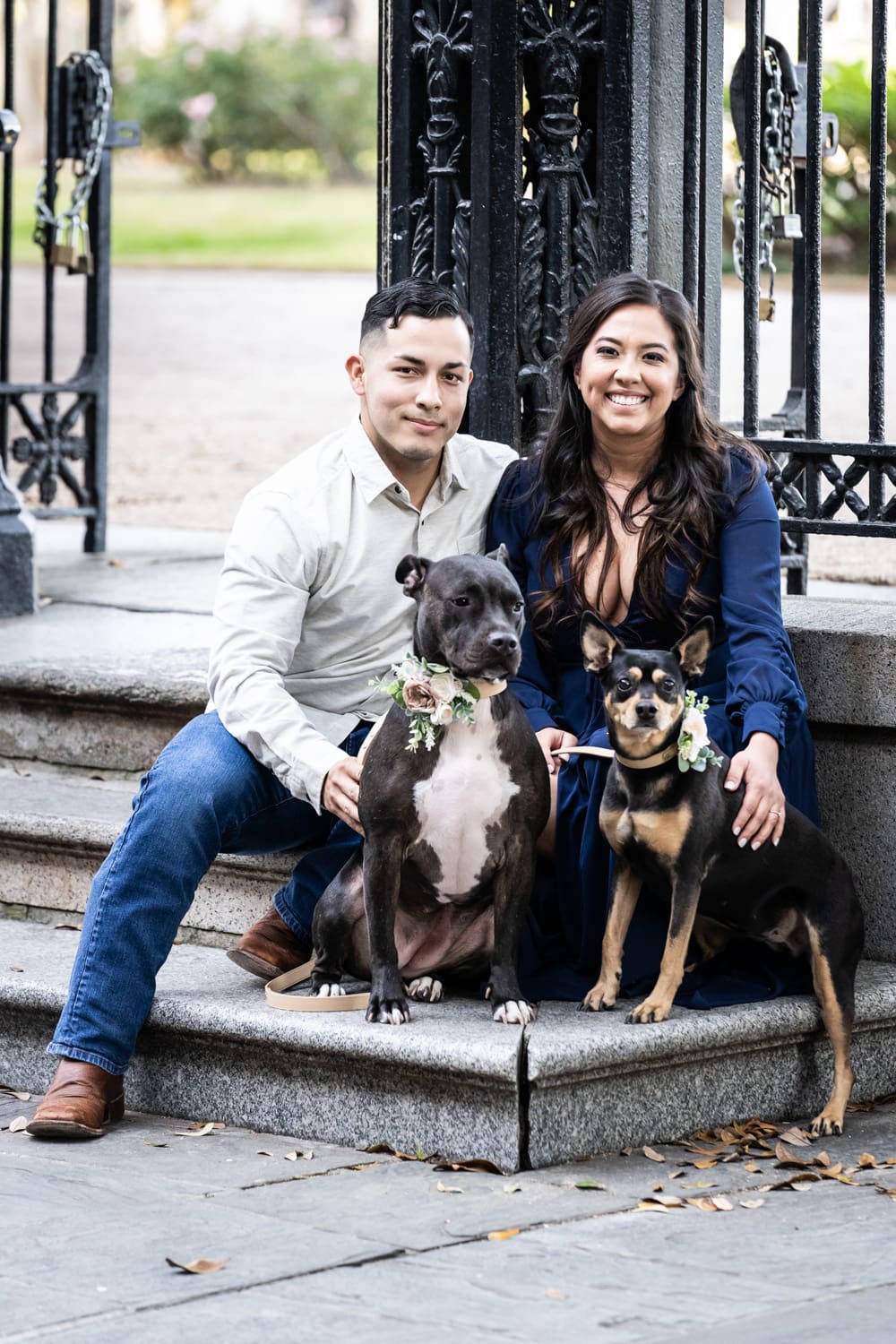 Engagement portrait with dogs in the French Quarter