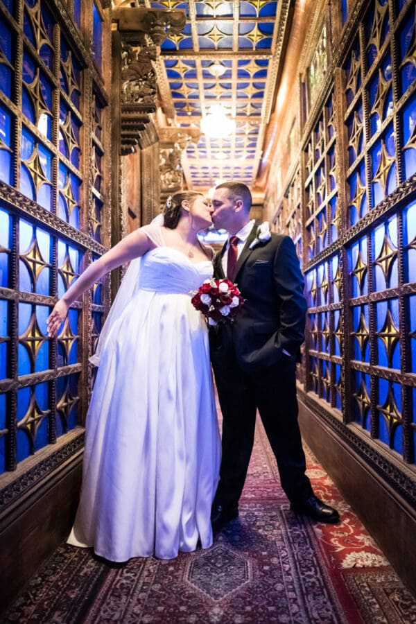 Dramatic portrait of bride and groom in hallway at House of Blues in New Orleans