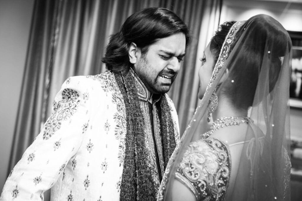 Bride and groom first look at JW Marriott in New Orleans