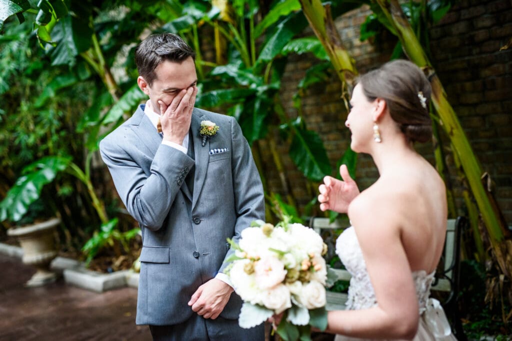 Bride and groom first look at Maison Dupuy Hotel