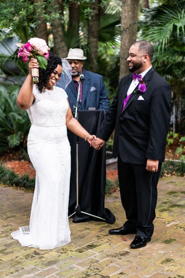 Bride and groom celebrate at end of wedding ceremony at Le Musée de FPC