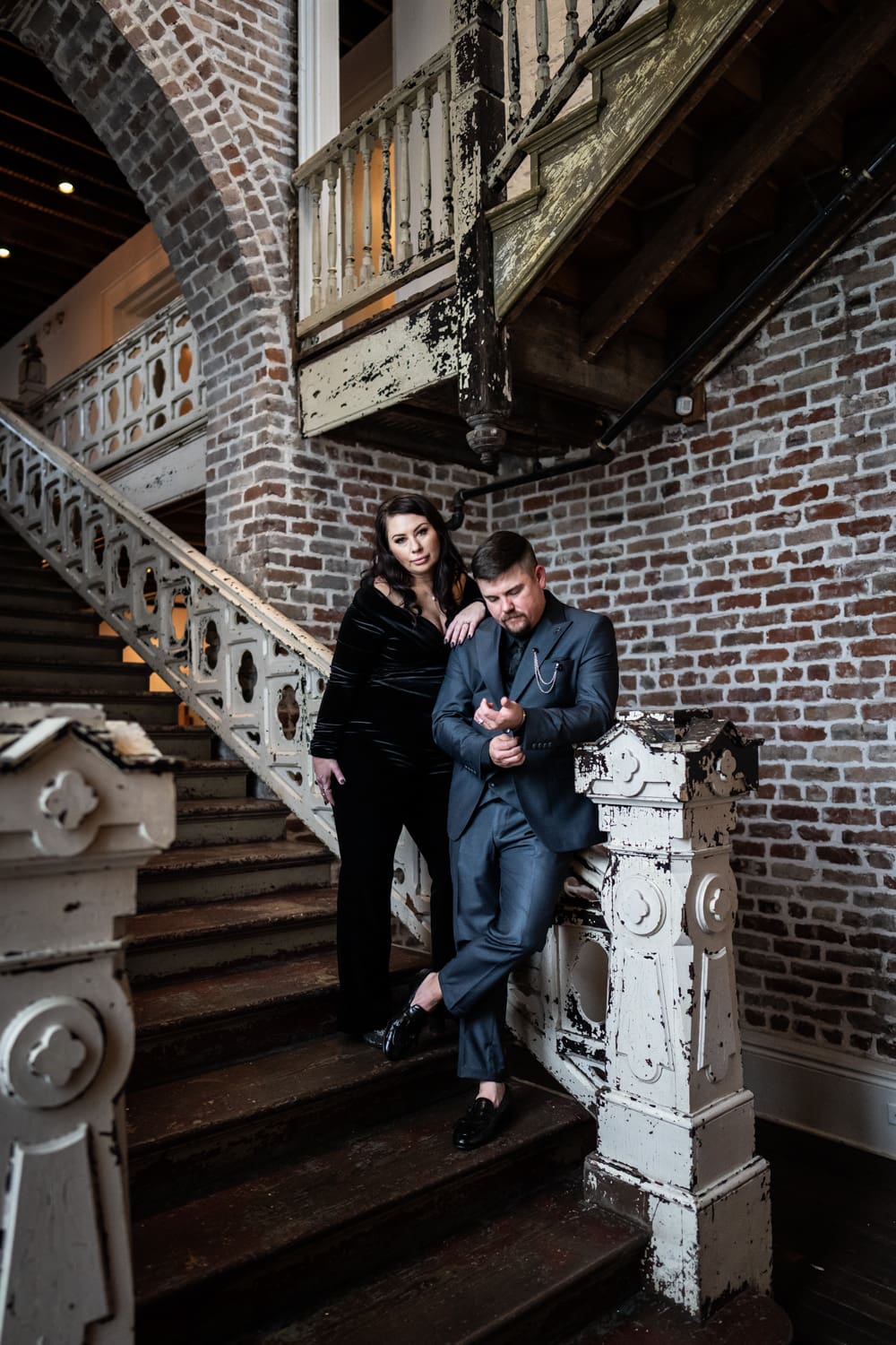 Couple elopement portrait on stairs