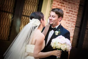 Bride and groom first look in Exchange Place