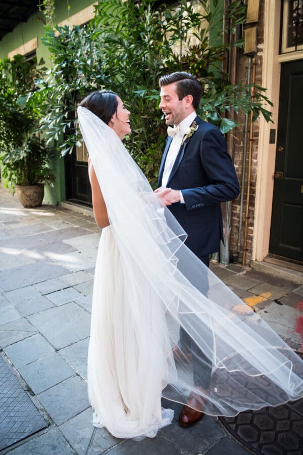 Bride and groom first look in Exchange Place