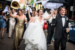 Wedding second line parade through the French Quarter in New Orleans