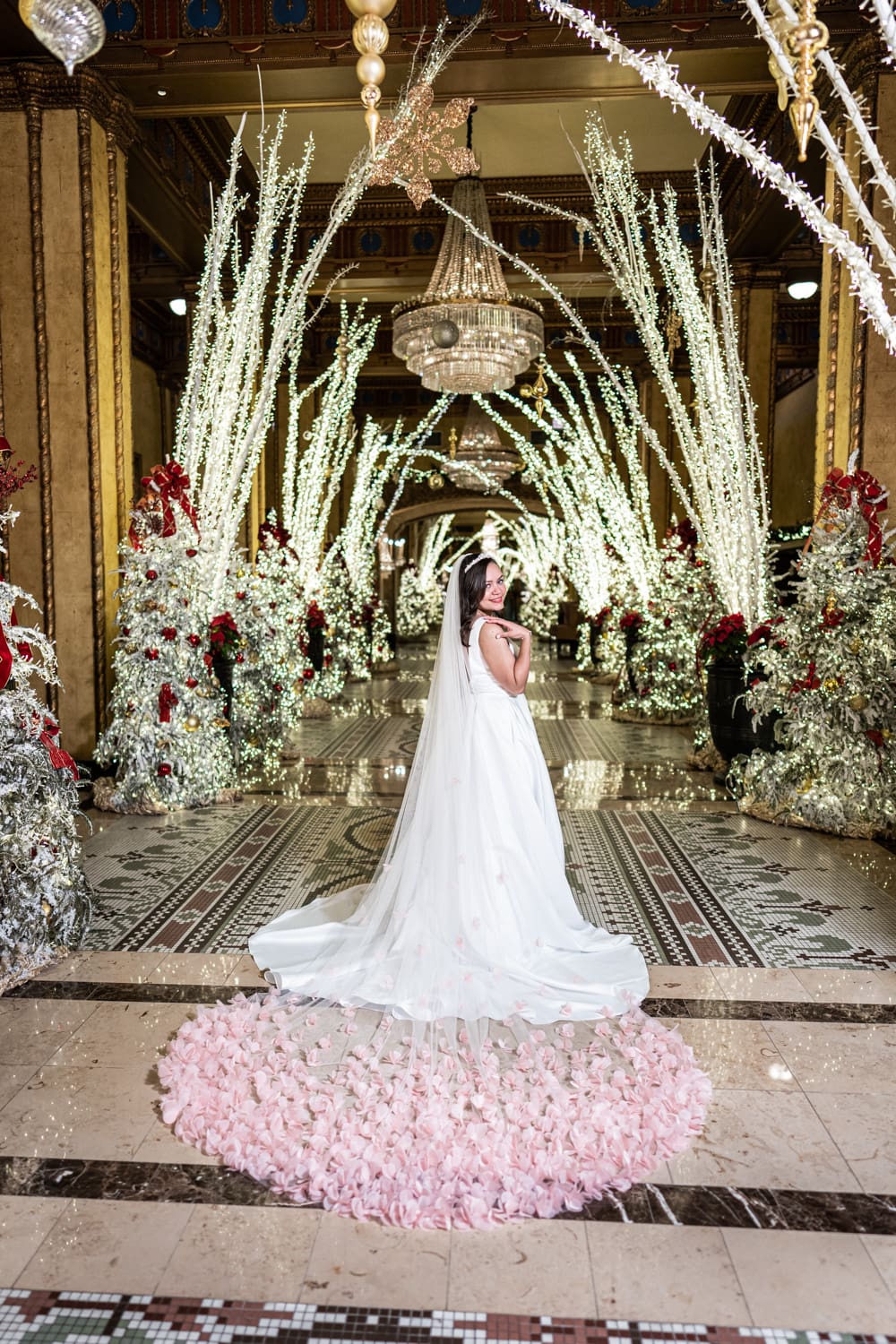 Portrait of bride in Christmas-decorated Roosevelt Hotel