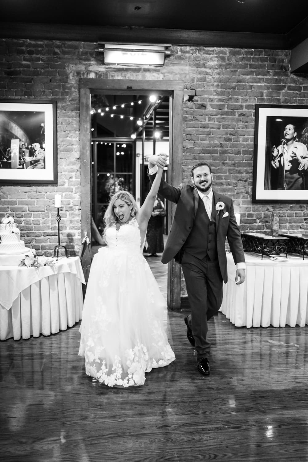 Bride and groom entering Rosy's Jazz Hall wedding reception