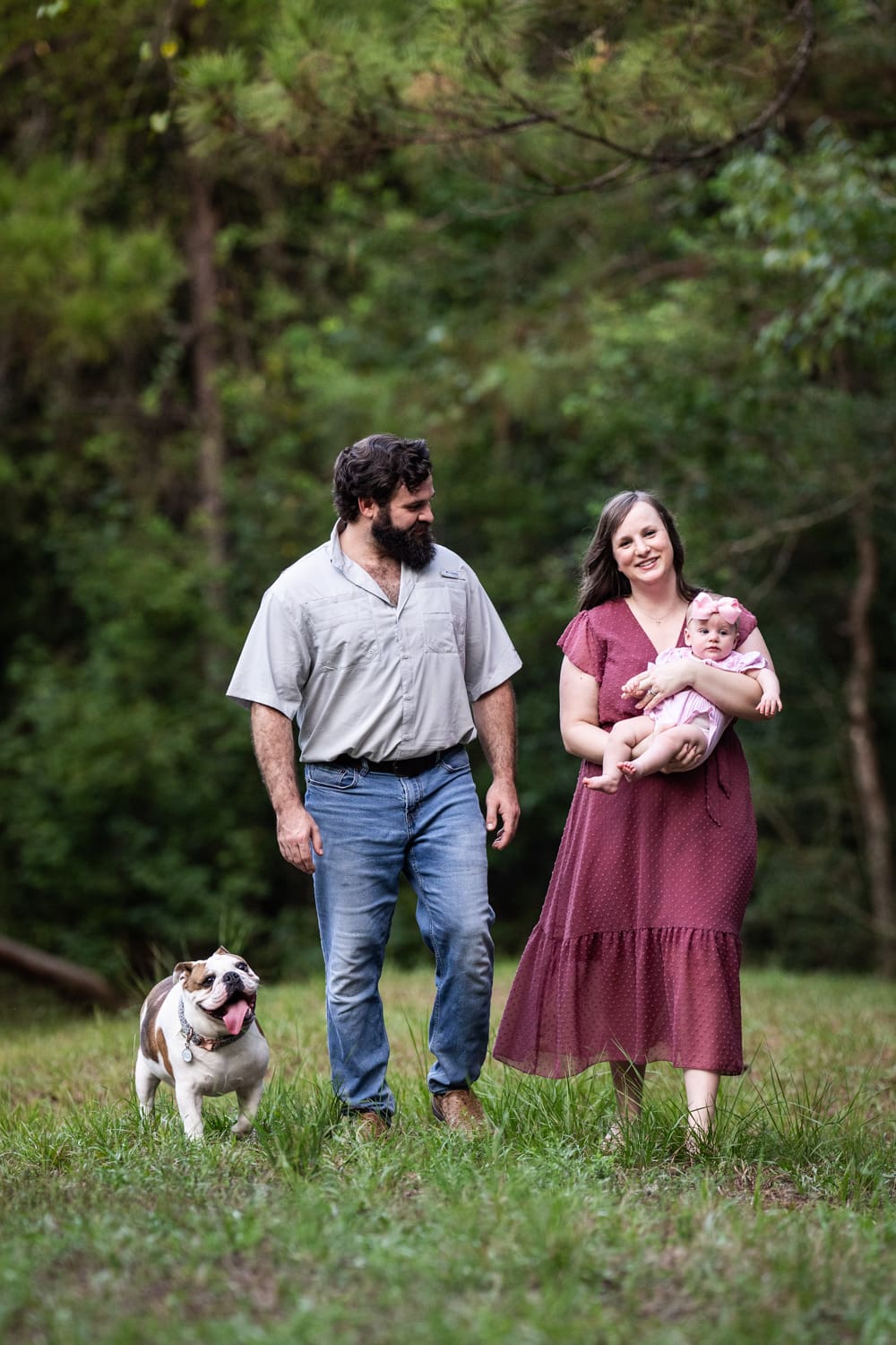 Family walking through field