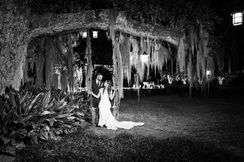 Bride and groom on tree swing at Southern Oaks