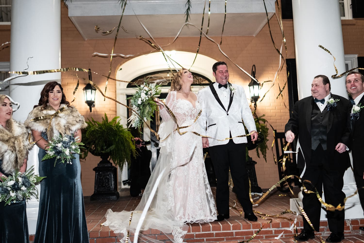 Couple with streamers at Southern Oaks wedding