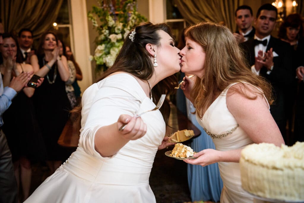 Brides at cake table