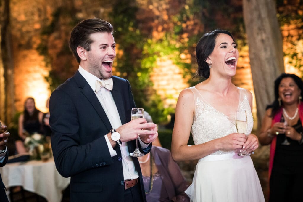 Bride and groom laughing