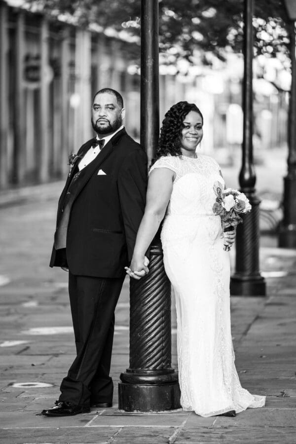 Bride and groom post-wedding portrait in French Quarter