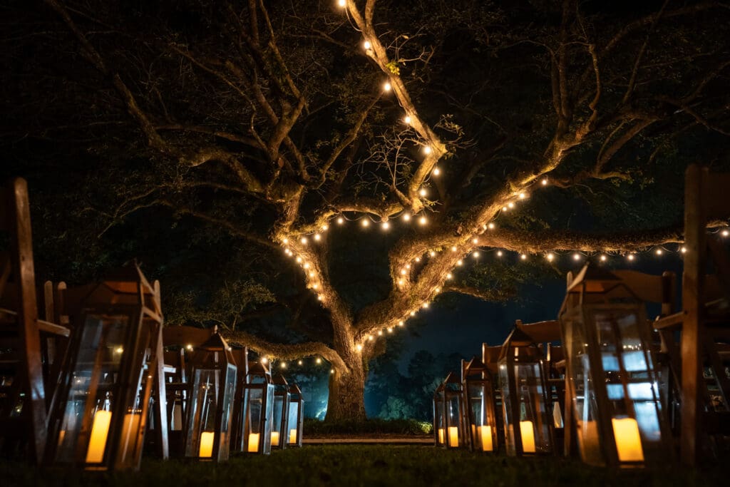 Nighttime wedding ceremony setup at Garret Field with oak tree lit up