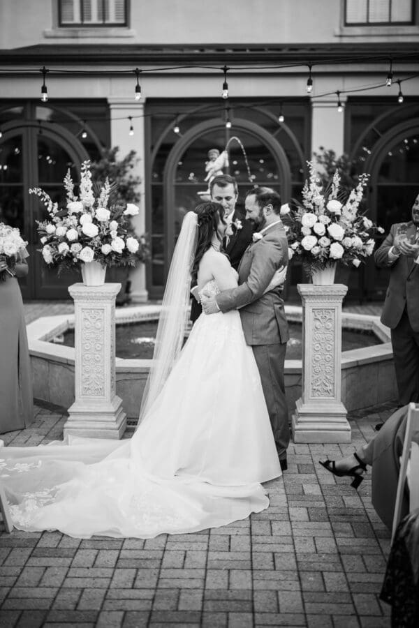 Bride and groom look at each other