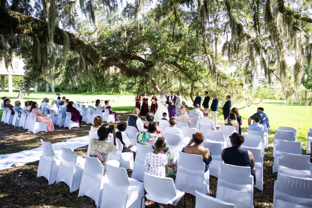 Couple getting married under oak tree at Fontainebleau State Park