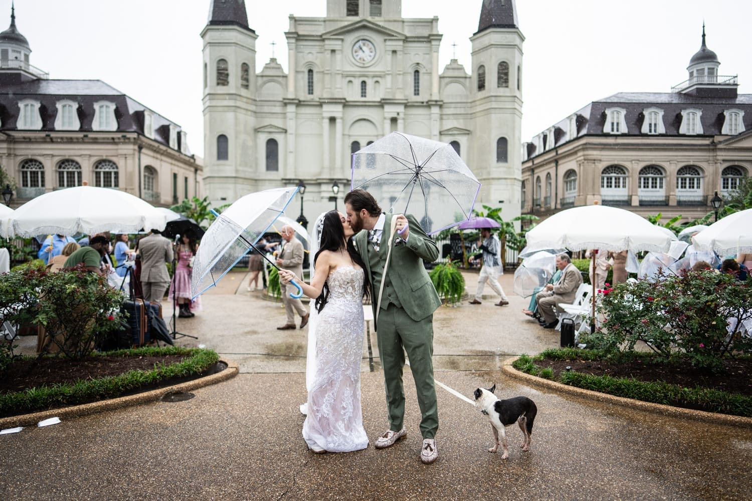 Bride and groom kissing at conclusion of Jackson Square wedding ceremony