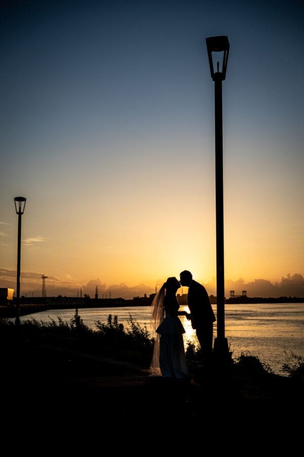 Sunrise silhouette on the Mississippi River in New Orleans