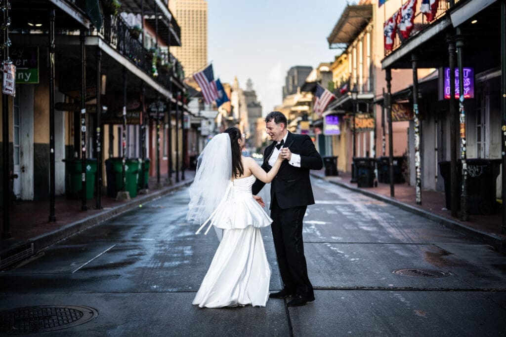 Bride and groom dancing on Bourbon Street