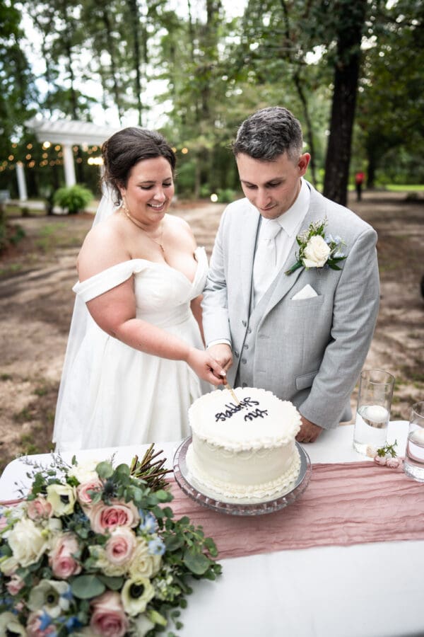 Bride and groom cutting cake