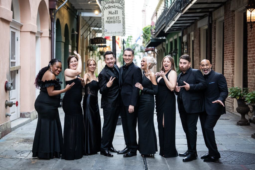 Fun wedding party shot in Exchange Place alley