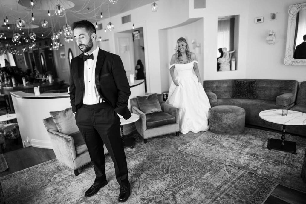 Bride approaches groom for first look