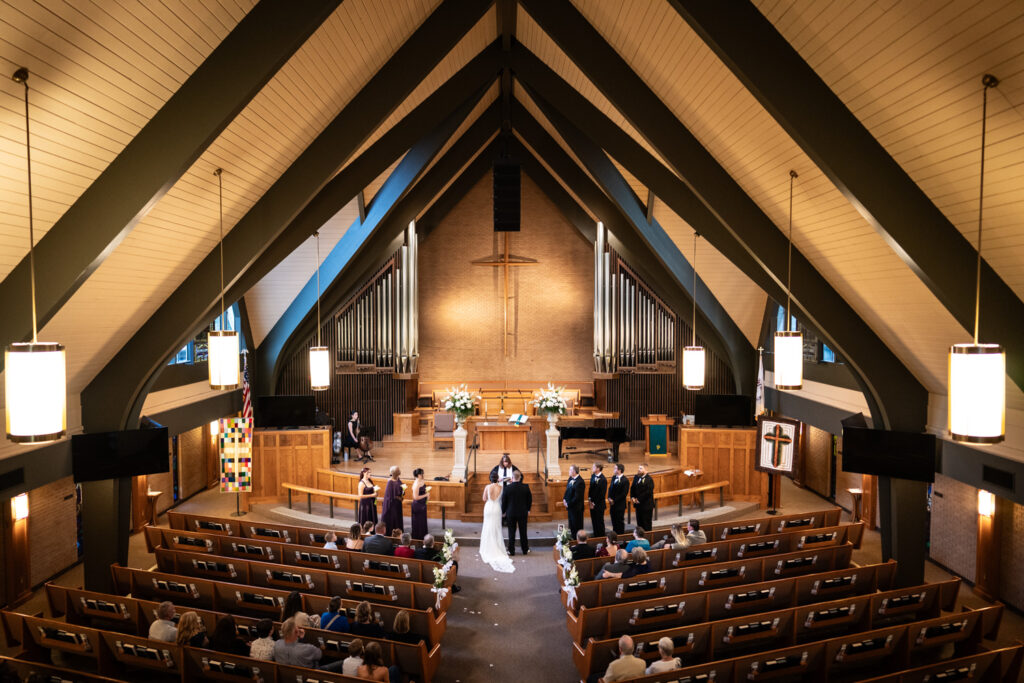 Elevated view of wedding ceremony at First United Methodist Church in Slidell